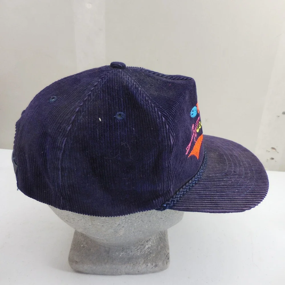 Vintage Ace Alaska Salmon Corduroy Snapback Hat Navy Blue Fish Rope Trucker OSFM